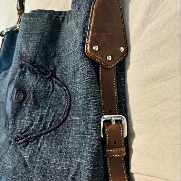 Authentic Vintage Prada Tote Blue Jean Bag Brown Leather Handle - Picture 3 of 12